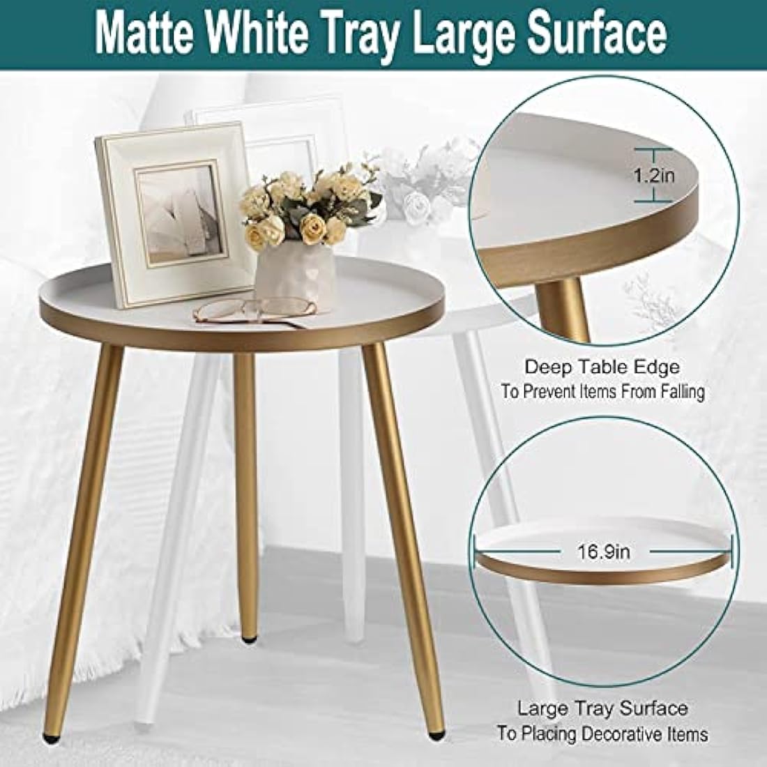 AOJEZOR Round Side Table, Metal End Table, Nightstand/Small Tables for Living Room, Accent Tables Cheap, Side Table for Small Spaces (White & Gold)