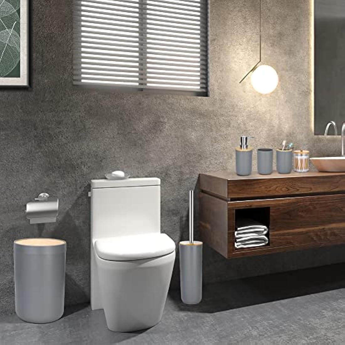 JOTOM 7 Pieces Bamboo Bathroom Accessories Bathroom Accessory Set Luxury Modern Plastic Bath Set Toothbrush Holder Tumbler Qtip Holder Toilet Brush Set Soap Dish Trash Can Soap Dispenser Gift (Grey)