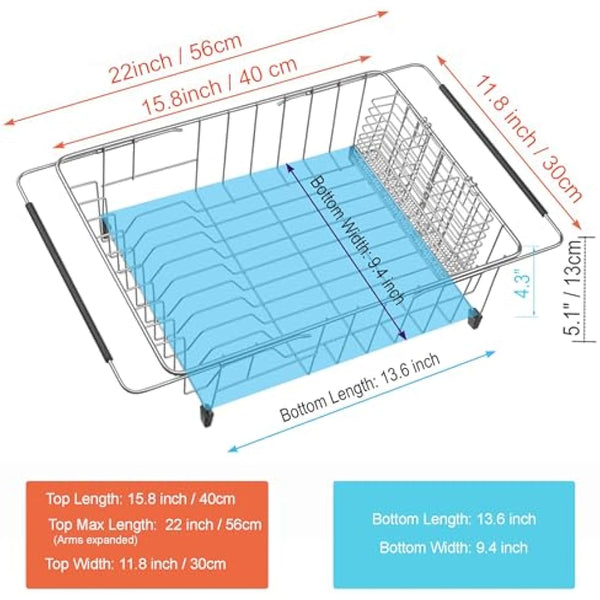 iPEGTOP Dish Sink Drainer, Dish Drying Rack Over Sink, Extendable Dish Drainer with Removable Cutlery Holder, Dish Rack in Sink or On Counter, Plate Rack Drainer for Kitchen