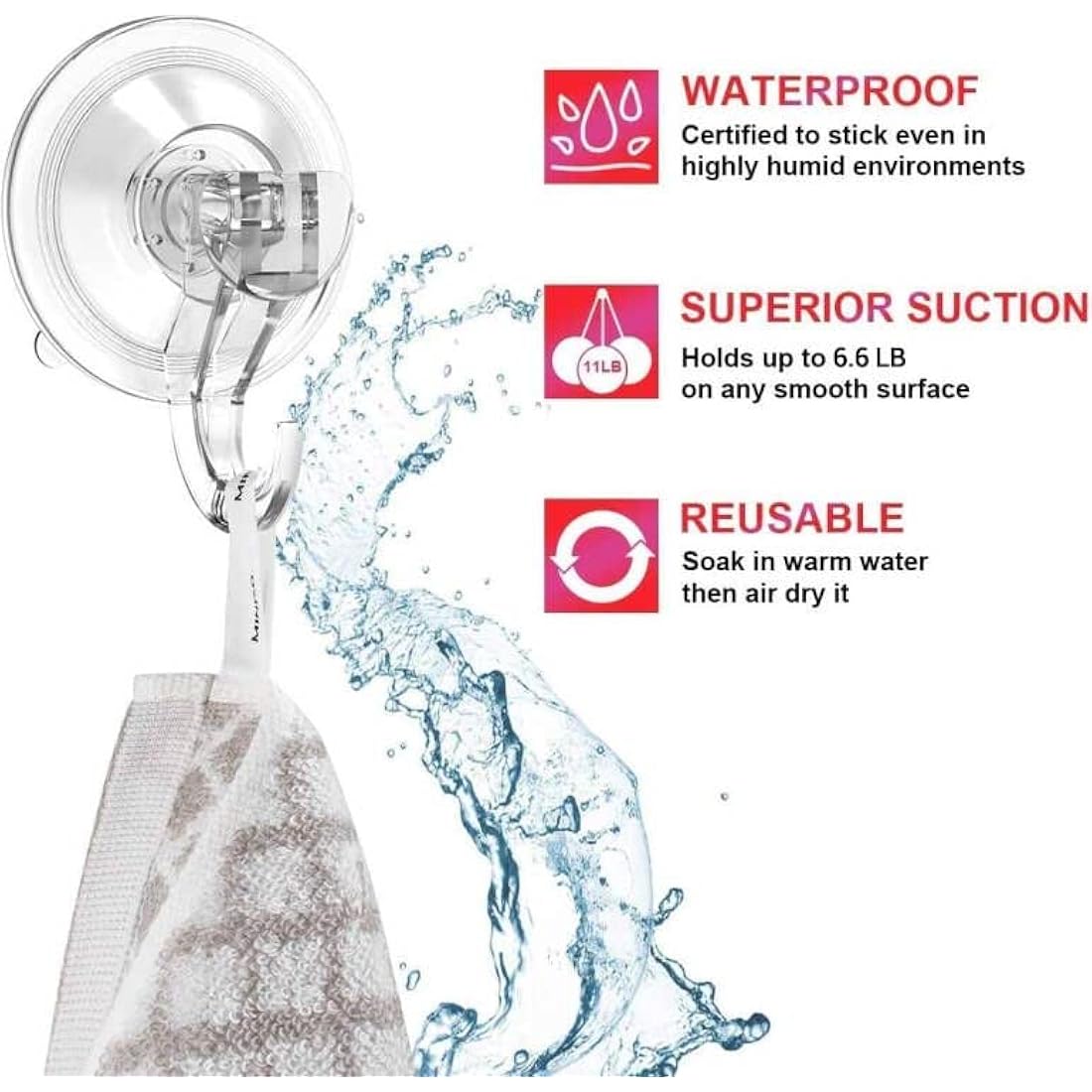 Elegear Suction Hooks for Bathroom, 3Kg Heavy Duty Plastic Strong Vacuum Suction Cup, Reusable Sucker Hook for Shower Kitchen Window Front Door Hanging Towel Caps Bags Coats Xmas Wreath, 2 Pack, Clear