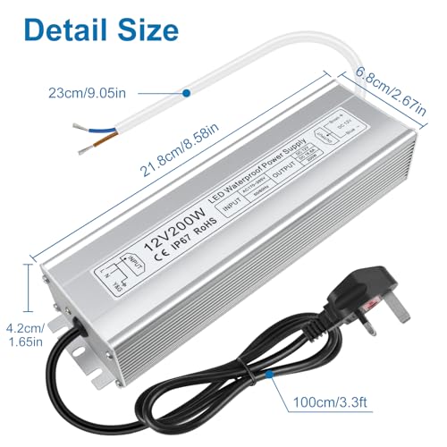 inShareplus LED Power Supply, 200W IP67 Waterproof Outdoor Driver,AC 170-265V to DC 12V 16.6A Low Voltage Transformer, Adapter with 3-Prong Plug for LED Light, Computer Project, Outdoor Use