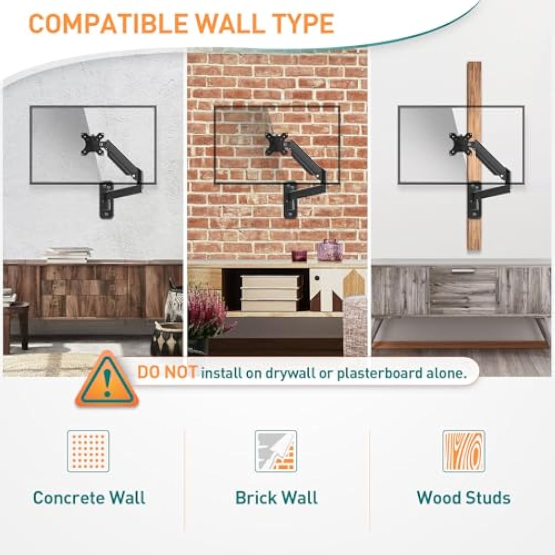 ELIVED Wall Mount Gas Spring Arm for 13-32 Inch PC Monitors With VESA 75x75 / 100x100mm up to 9KG, Tilt Swivel Rotate Single Arm, Height Adjustable Wall Bracket EV023