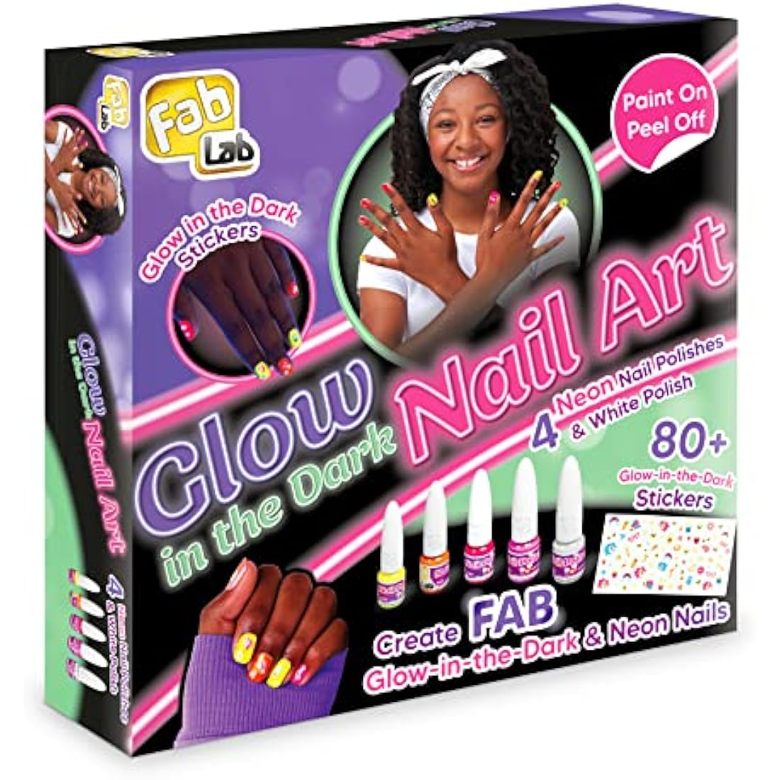 FabLab Glow In The Dark Nail Art Kit | Create FAB Neon Nail Art! | Includes 5 Nail Varnish Colours and 80+ Nail Stickers | Girls Gifts For Ages 8+