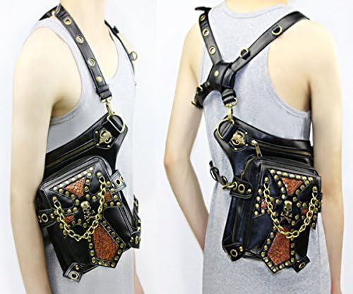 FiveloveTwo® Steampunk Vintage PU Leather Waist Pack Hiking Fanny Pack Small Purse Multi-purpose Tactical Drop Leg Arm Shoulder Bag with Hip Belt