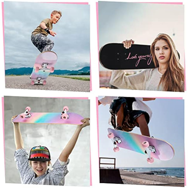 ILAHUI Skateboard for Teenagers, Girls, Adults, Beginners - 7 Layers Maple Wood Deck 80 x 20 cm - Rainbow Powder
