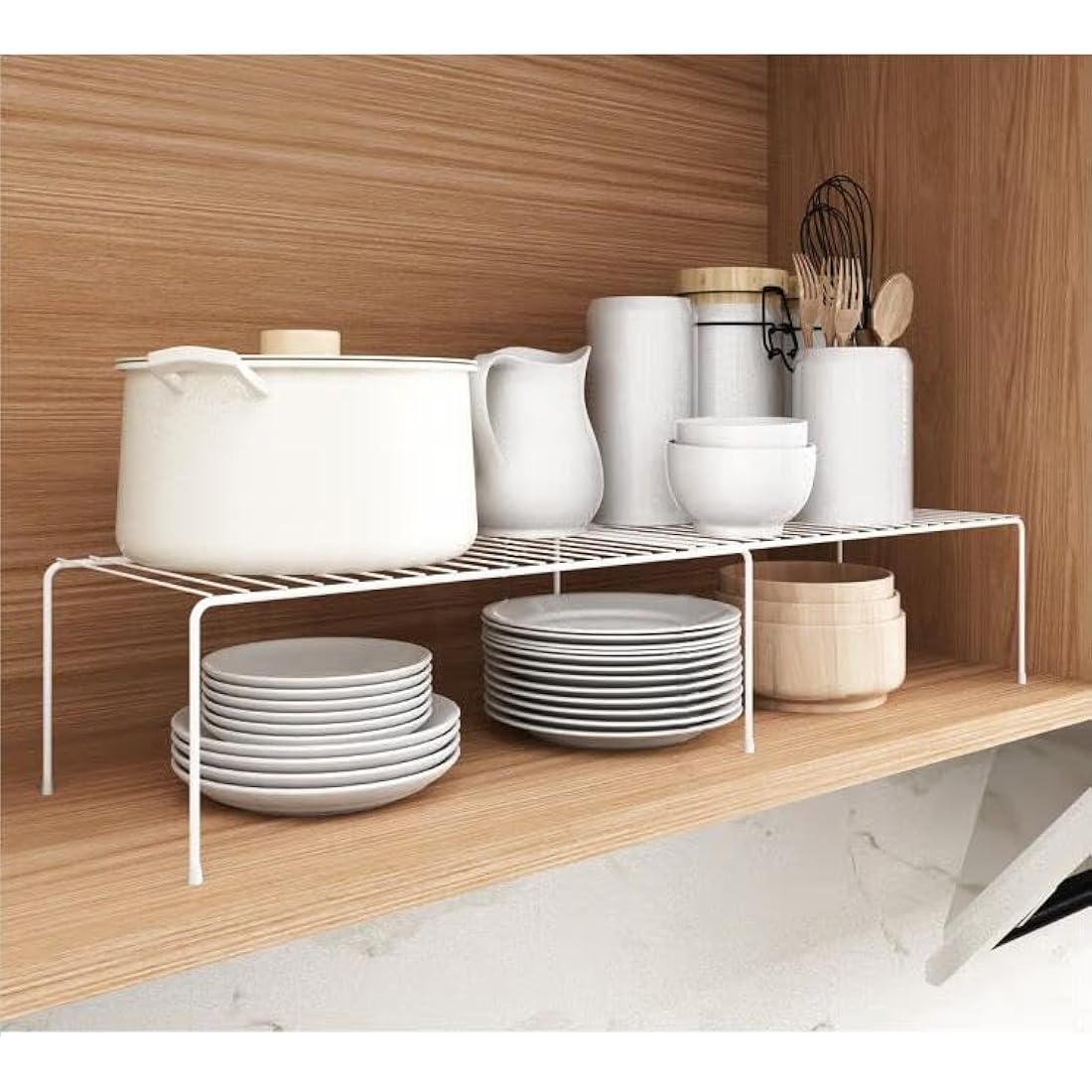 iPEGTOP Freezer Cabinet Storage Shelf, Expandable Metal Rustproof Spice Rack, Adjustable Kitchen Organizer Counter Fridge Pantry Shelf Space Saver, White, Set of 2