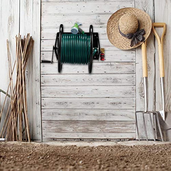 Relaxdays Hosepipe Reel Wall-mounted, Holder With Crank, For 60 m Hose Pipes, Steel, HWD: 41.5 x 54 x 45 cm, Black