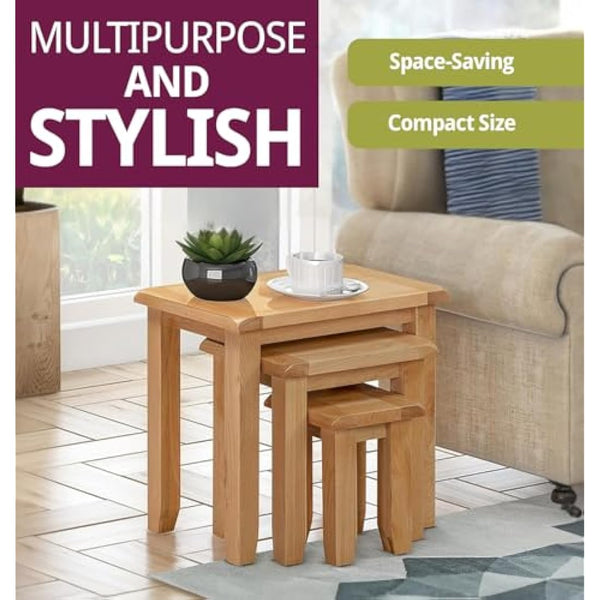 Hallowood Furniture Monchique Nest of Tables Set of 3, Multifunctional Wooden Nesting Side, Coffee Table for Small Spaces, Solid Oak Living Room Furniture, Fully Assembled