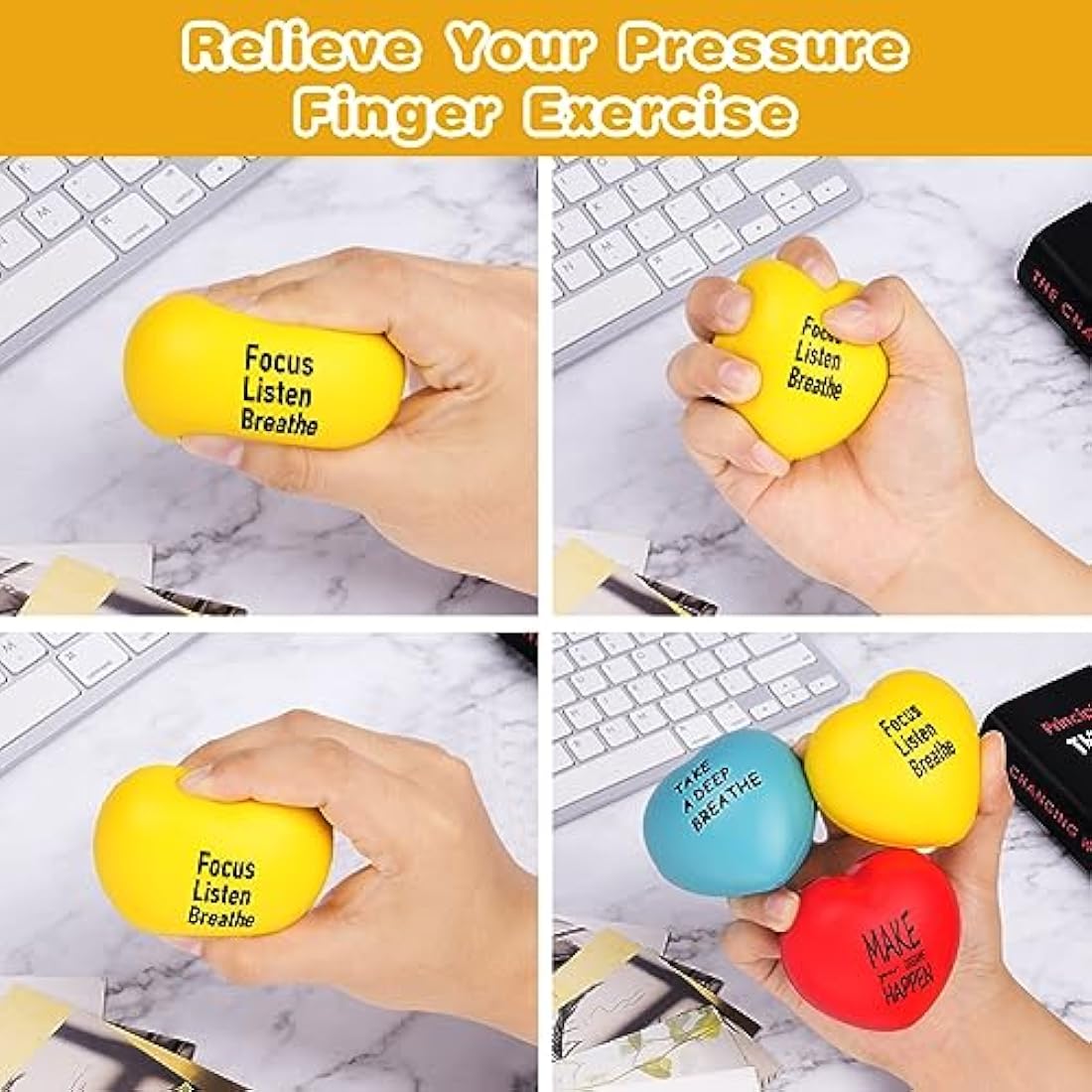 Ainiv Heart Style Squeeze Stress Balls, 4pcs Relief Ball, Sensory Ball for Kids and Adults, Hand Exercise Toys Anxiety, Fidget, Tension, Manage Anger (F5-3609693)