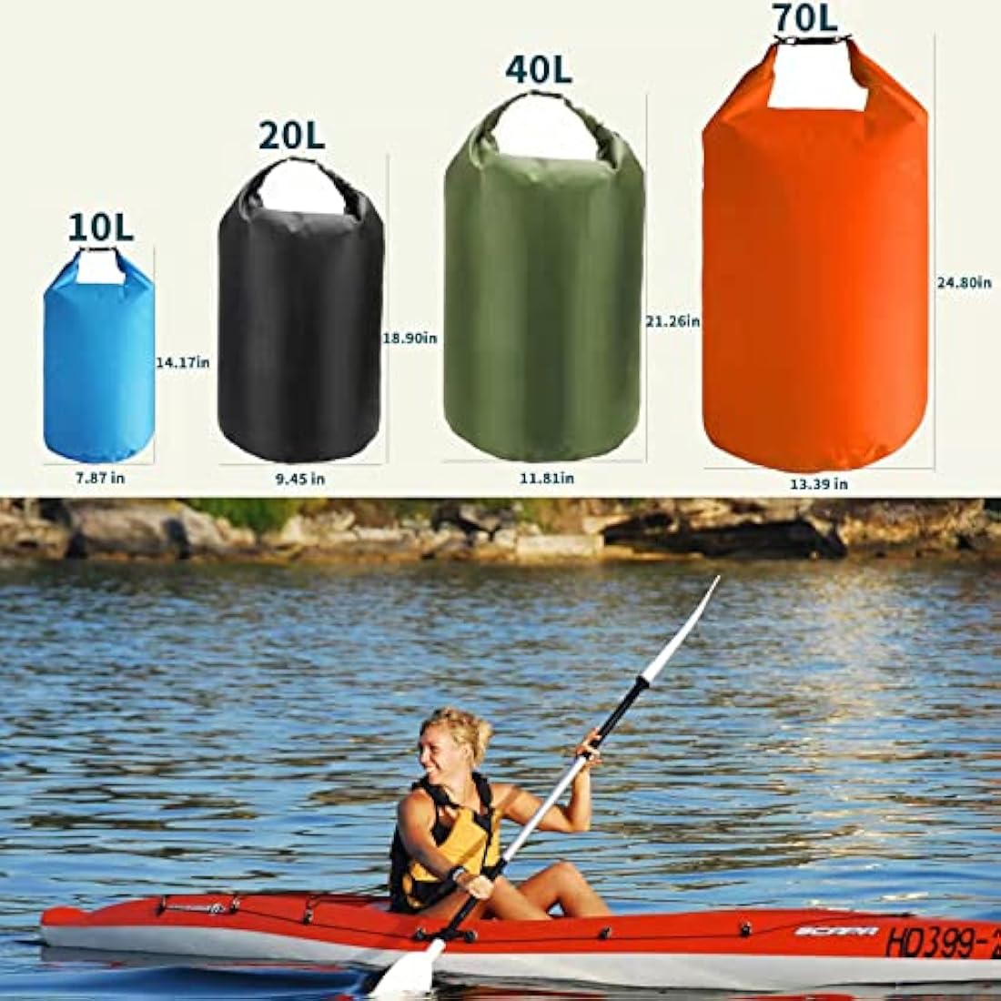 CMC-PROGEAR 10L/20L/40L/70LWaterproof Dry Bag, Lightweight Canoe Bags Storage Bags,Dry Sacks Waterproof Bags for Kayaking Rafting Boating Hiking Camping Travel Fishing Swimming(70L, Navy Green)