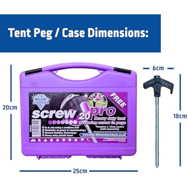 Blue Diamond Heavy Duty Screw Tent Pegs - Pack of 20 | Hard Ground Tent Pegs, Camping Pegs | Rustproof Galvanized Steel (Carry Case)