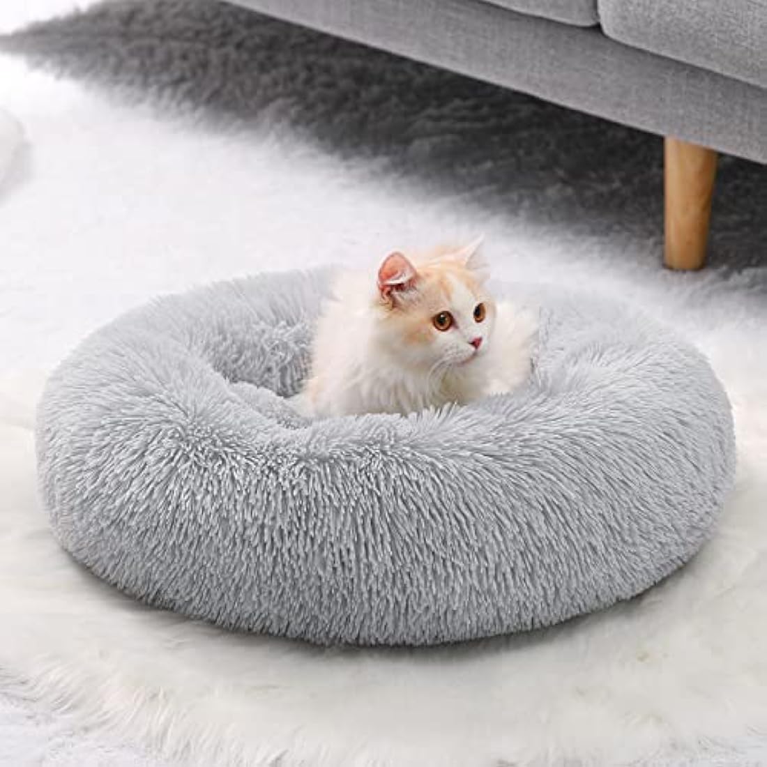 YOJOGEE Small Cat Bed for Indoor Cats, Self-Warming Donut Kitty Bed for Small Cats Keeping Warm, Washable Pet bed with Anti Slip Base, Grey 40cm