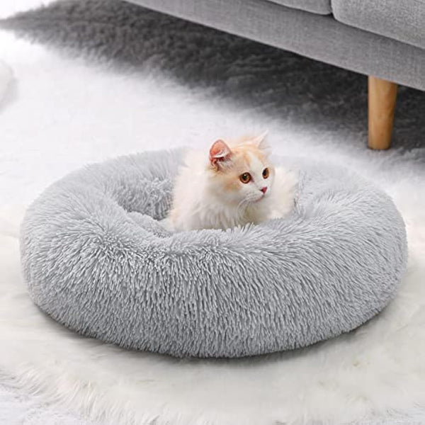YOJOGEE Small Cat Bed for Indoor Cats, Self-Warming Donut Kitty Bed for Small Cats Keeping Warm, Washable Pet bed with Anti Slip Base, Grey 40cm