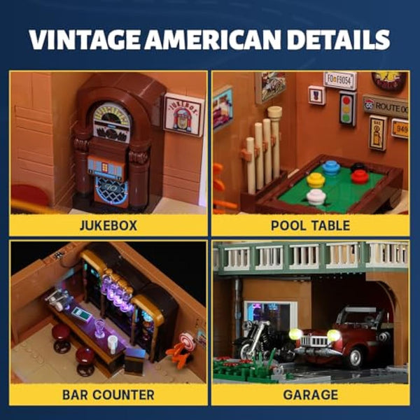 FUNWHOLE City Car-Hotel Lighting Building-Bricks Set - Road Trip Modular Twilight Motel Collection Light Car and Motorcycle Building Set 1970 Pcs for Adults and Teen