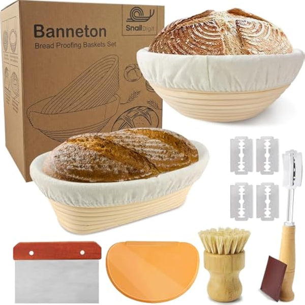 Banneton Bread Proofing Basket Set for Sourdough Bread Baking: 23cm Round & 25cm Oval Rattan Proving Bowls with Liner, Bread Lame, Dough Scraper, Brush, Baking Gifts for Professionals and Home Bakers