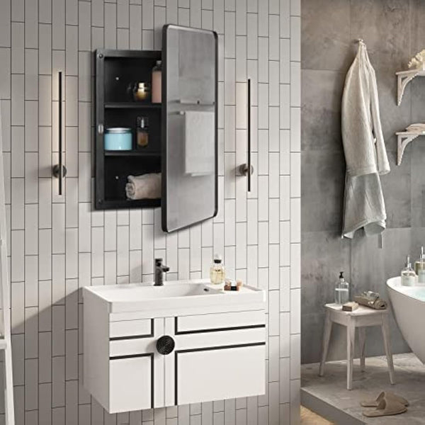 Fundin Plastic Mirror Cabinet, Beveled Edge Mirror Door with Round Corner Metal Frame, Recessed and Surface Mount, Black,40 X 61 CM