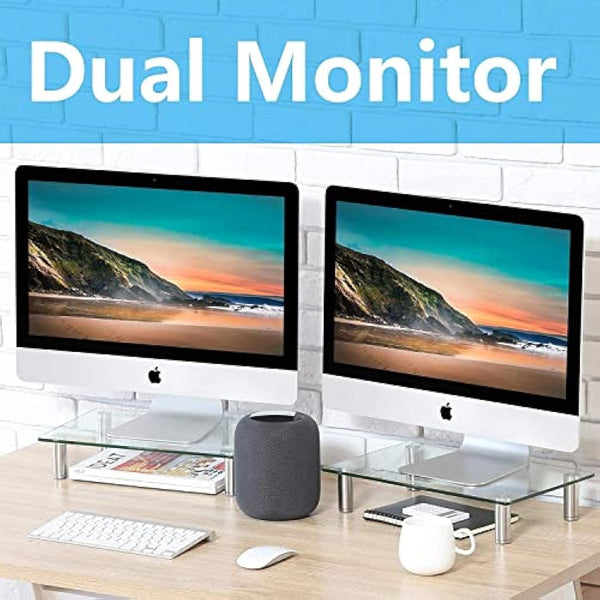 FITUEYES Dual Monitor Stand Glass Height Adjustable PC Laptop Computer Screen Riser, Desk Organzier, 2 Pack-38.5x24x7.5cm
