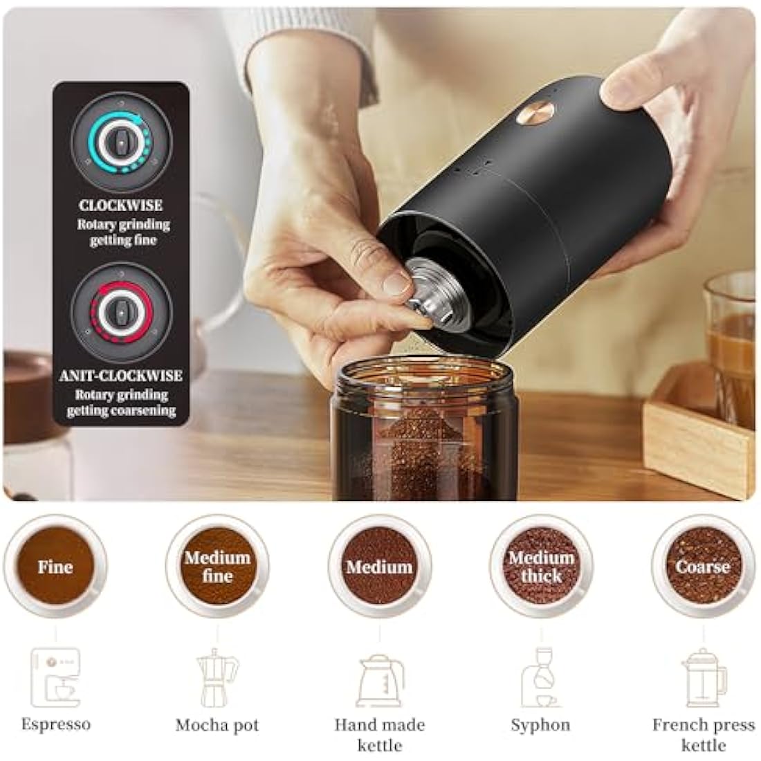 ELMWAY Mini Electric Coffee Grinder – Rechargeable & Portable, Stainless Steel Conical Burr, One-Touch Grinding with Auto Stop, Internal Adjustable Grind Settings, Perfect for Single Servings – Black