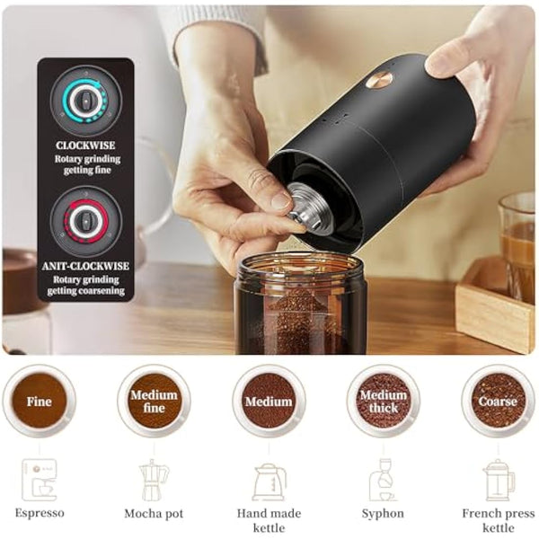ELMWAY Mini Electric Coffee Grinder – Rechargeable & Portable, Stainless Steel Conical Burr, One-Touch Grinding with Auto Stop, Internal Adjustable Grind Settings, Perfect for Single Servings – Black