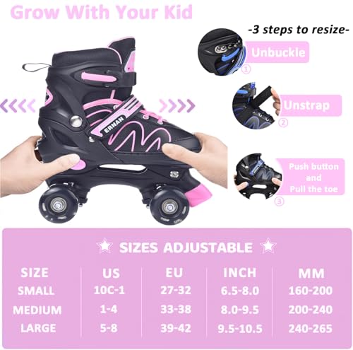 ERNAN Roller skates kids Roller boots,8 Light up Wheels and 4 Sizes Adjustable.Rollerskates for Kids Beginners, Suitable for Indoor Outdoor (Pink, S)