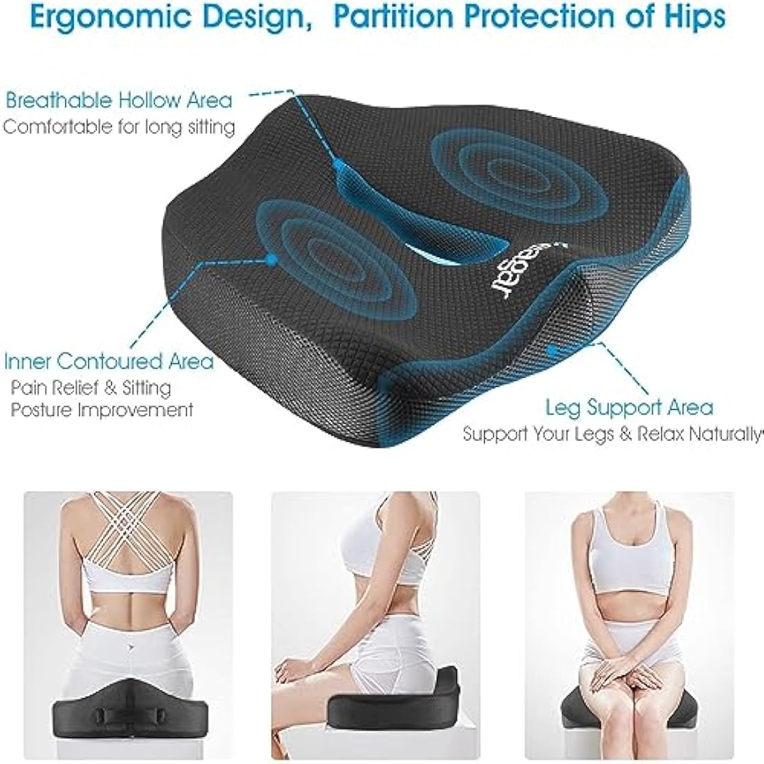 Feagar Seat Cushions for Office Chair - Orthopedic Ergonomic Memory Foam Coccyx Seat Sciatica Cushion for Tailbone Sciatica Relief Hemorrhoid, Office Chair Cushions Wheelchair,