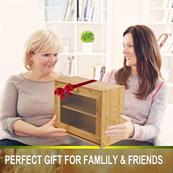Double Layer Bamboo Bread Box with Clear Window, Large Capacity Bread Storage Bin- Kitchen Countertop Storage Box for Bread, Pastries & Baked Goods - Easy Self-Assembly Organizer