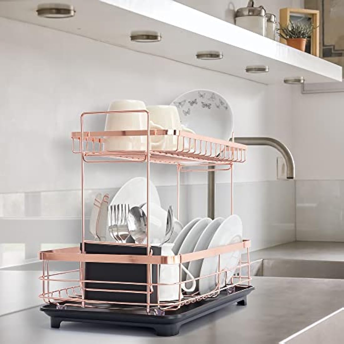 Dish Drying Rack – Rose Gold, 2-Tier Organizer with Dip Tray, Utensil Holder and Large Capacity for Kitchen Countertop