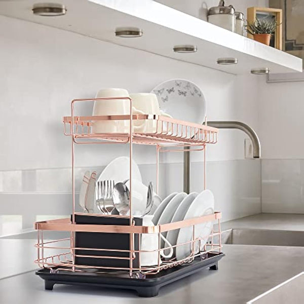 Dish Drying Rack – Rose Gold, 2-Tier Organizer with Dip Tray, Utensil Holder and Large Capacity for Kitchen Countertop