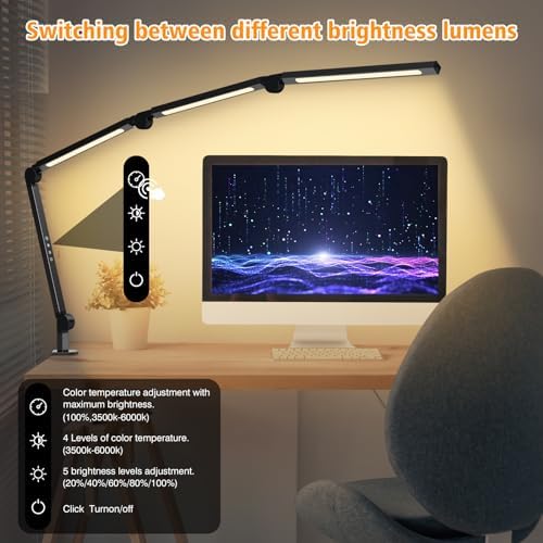 AILBTON LED Desk Lamp with Clip,Multi-Angle Flexible 4 Sections 3 Light Sources Office Desk Lamp,4 Color Temperatures and 5 Brightness Levels,Night Eye Care Table Lamp