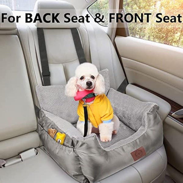 Pet Booster Seat Travel Car Bed for Small Dogs or Cats, Waterproof Warm Plush Dog Safety Seat with Storage Pocket and Clip-On Safety Leash, Silver Gray