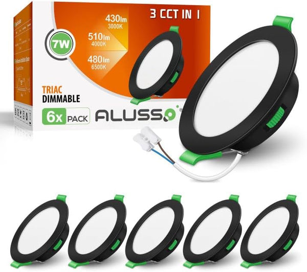 ALUSSO LED Recessed Ceiling Lights, 7W 480LM LED Downlights Dimmable, 30MM Ultra Slim Round Black Spotlights, Warm White/Neutral White/Cool White Adjustable, IP44 Waterproof for Bathroom, 6 Pack