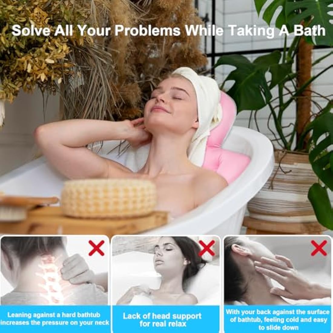 Full Body Bath Pillow, Luxury Bath Cushion with 192 Suction Cups, Bath Pillows for Tub for Head and Neck Support, with Laundry Bag Pink, 51" x 16"