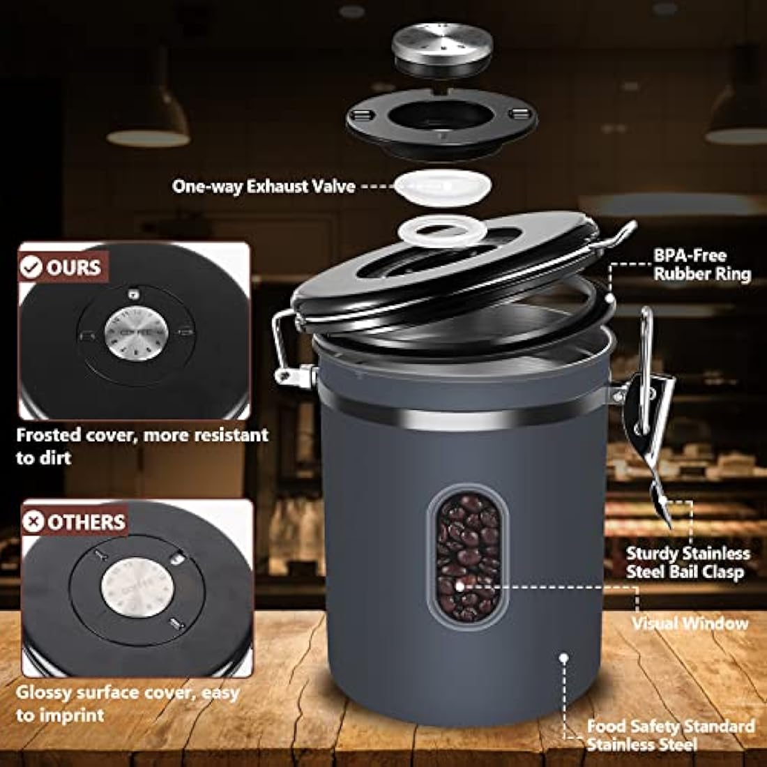 2800ML Airtight Coffee Canister with Date Tracker and Transparent Window, 35OZ Coffe Beans Storage with 30ML Measure Spoon&4 co2 Valve, Coffee Container for Grounds Coffee, Beans, Tea, Sugar&Flour