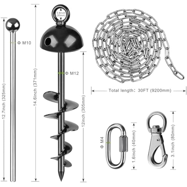 Dog Tie Out Chains and Stake, 30ft Chew Proof Stainless Steel Dog Chains for Outside, 15" Heavy Duty Dog Anchor for Dogs Up to 125lbs, Fully Welded, No Tangle, Ideal for Yard and Camping