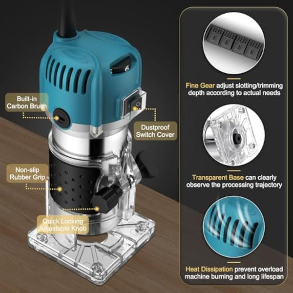 AMTOVL Wood Trimmer, 1/4" 6.35mm Electric Wood Hand Trimmer Laminator 800W 30000R/min Electric Hand Wood Trimmer Laminator Router Joiners Tool for DIY Woodworking