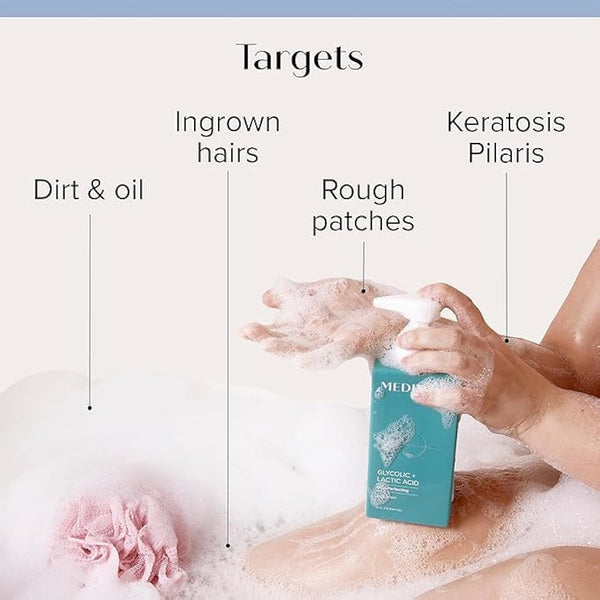 MED AHA Body Scrub Glycolic Acid Exfoliating Body Cleanser | KP Bump Eraser & Acne Treatment | Anti-Aging Foaming Body/Face Wash | Skincare Set + Eco Exfoliating Gloves + Prosperina Card