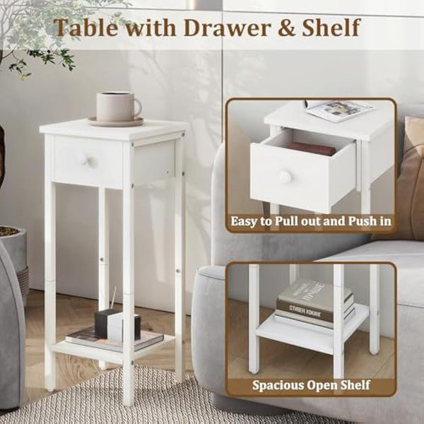IBUYKE Slim Bedside Table Set of 2, Narrow Nightstand with Drawer, Telephone Table for Small Spaces, 25x25x70cm, Small Side End Table for Bedroom Living Room Hallway, White TMJ417W-2