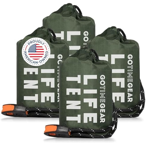 Go Time Gear Survival Life Tent • 2 Person Mylar Emergency Shelter Tube Tent + Paracord • All-Weather Protection for Camping, Hiking, & Survival Kits • Includes Emergency Whistle