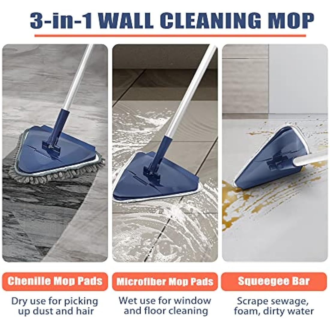 JEHONN 200CM Wall Cleaning Mop with Long Handle, 3-in-1 Ceiling Cleaner Tool Duster with 6 Replacement Microfiber Chenille Pads for Painted Walls, Window, Floor, Baseboard (Dark Blue)