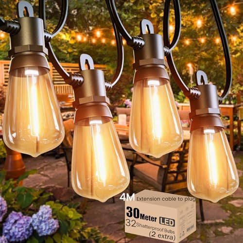 Festoon Lights Outdoor 30M/100 FT Garden String Festoon Lights IP65 with 32 LED 2700K Bulbs Outdoor String Lights Mains for Indoor Outside Patio Pergola Decor, 4M Extension Cable Built-in