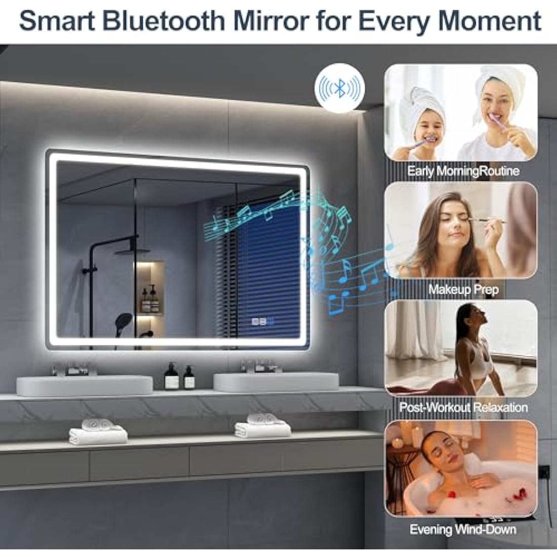 S'bagno Bluetooth-Bathroom-Mirror-with-LED-Lights 1000x700mm, LED-Bathroom-Mirror with Defogging Mat, 3000K-6500K, Dimmable, Memory, HD Tempered Glass, IP44 Waterproof, Horizontal/Vertical