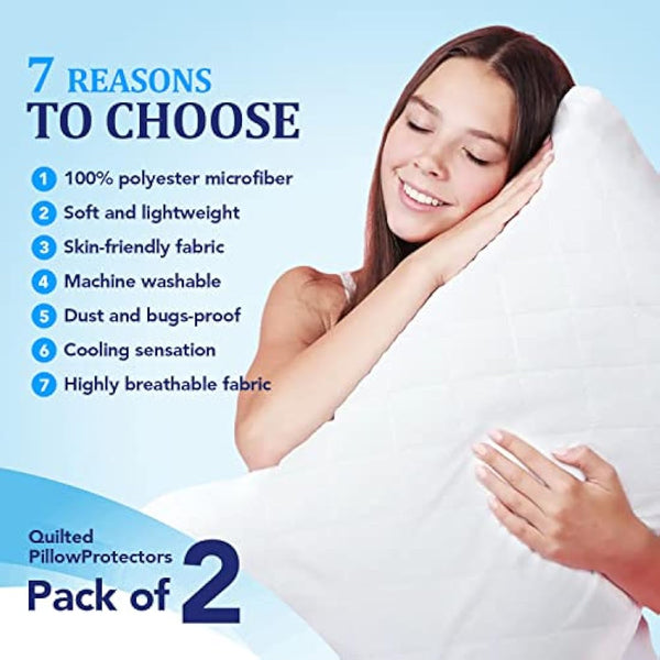 Eutony Quilted Zipped Pillow Protectors 2 Pack - Ultra Luxe, Soft & Breathable Microfiber, Hypoallergenic 50 x 75cm - White