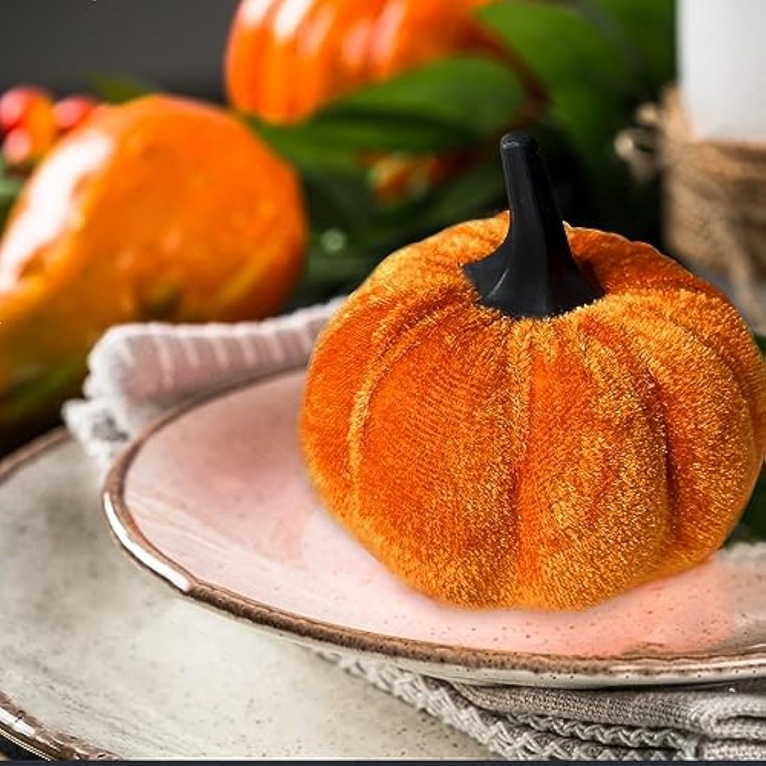 Mauts 12Pcs Fall Artificial Pumpkins Total of 5 Autumn Faux Velvet Foam Pumpkin Table Ornament for Fall Harvest Thanksgiving Party Halloween decorations. (Rustic Fall Color