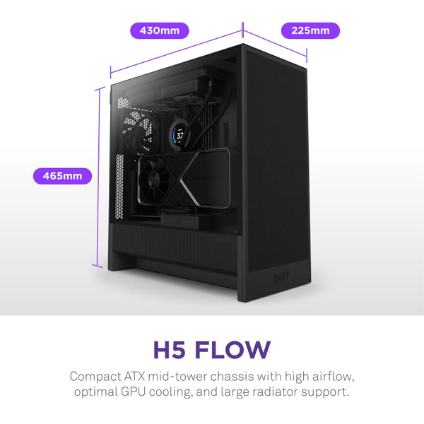 NZXT H5 Flow RGB - Compact ATX Mid-Tower PC Gaming Case - High Airflow - F360 RGB Core (CV) Included - 360mm Front & 240mm Top Radiator Support - Cable Management - Tempered Glass - White