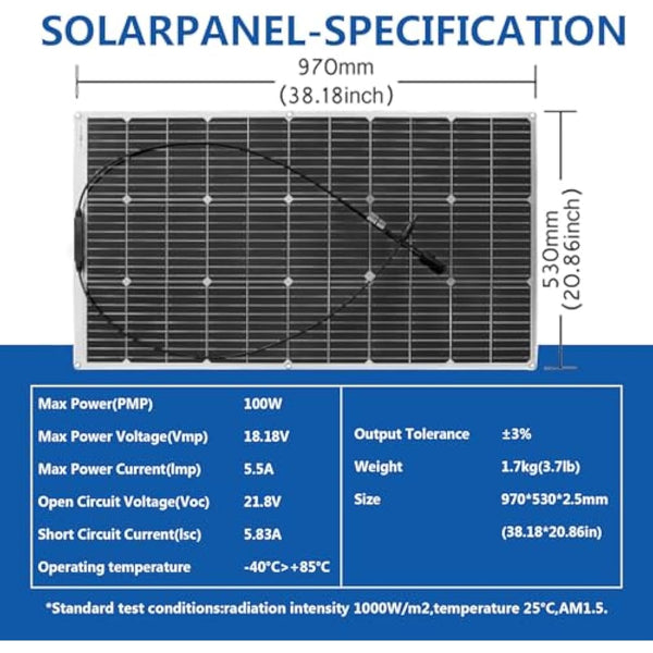 200W Flexible Solar Panel Kit Monocrystalline Solar Charge with 20A Controller USB Output to Charge 12V Batteries (Vented AGM Gel)-for Motorhome, Caravan, Camper, Boats, Roofs
