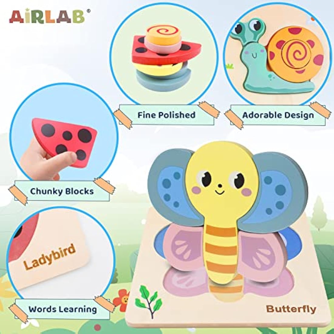 Airlab Wooden Jigsaw Puzzle for Kids, Garden Animals Chunky Shape Puzzles for Toddlers Over 1 2 3 Year Olds, Baby Montessori Preschool Educational Learning Toys for Girls Boys, Children Handmade Toys
