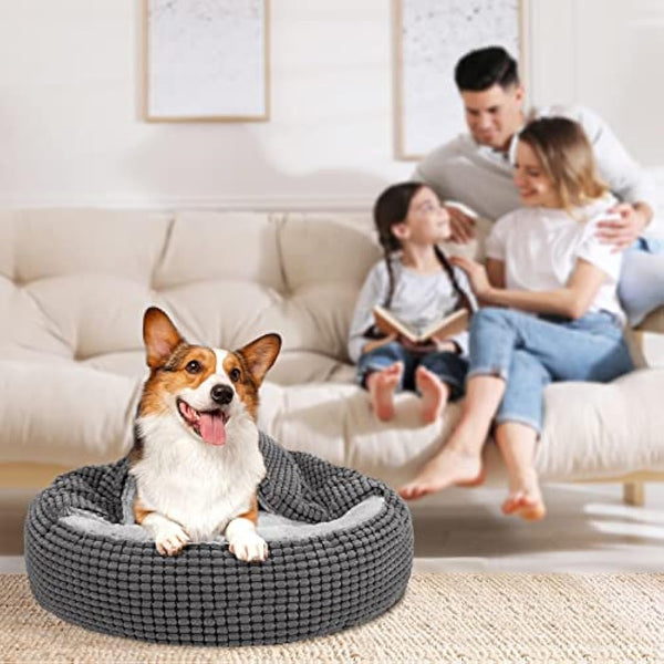 JOEJOY Round Dog Bed Calming Donut Cuddler Pet Bed for Large Medium Small Dogs, Warm Puppy Hooded Dog Cave Bed Cat Bed Medium Washable with Breathable Fluff, Fits Up To 25/30lbs Pets