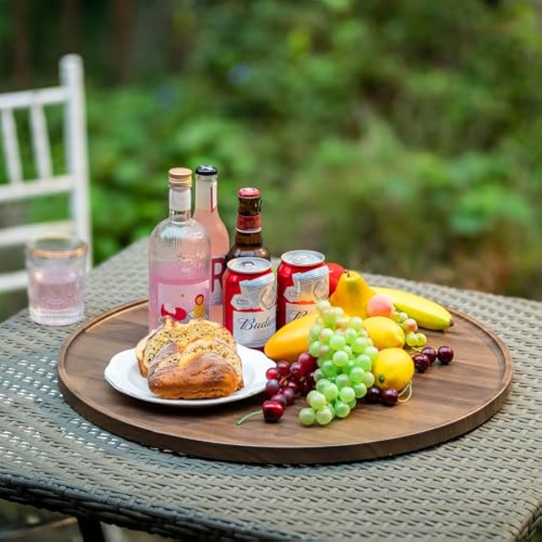 Hanobe Large Ottoman Serving Tray: Round Walnut Veneer Wooden Decorative Coffee Table Tray Rustic Circle Big Charcuterie Board Farmhouse Home Decor for Living Room 45cm