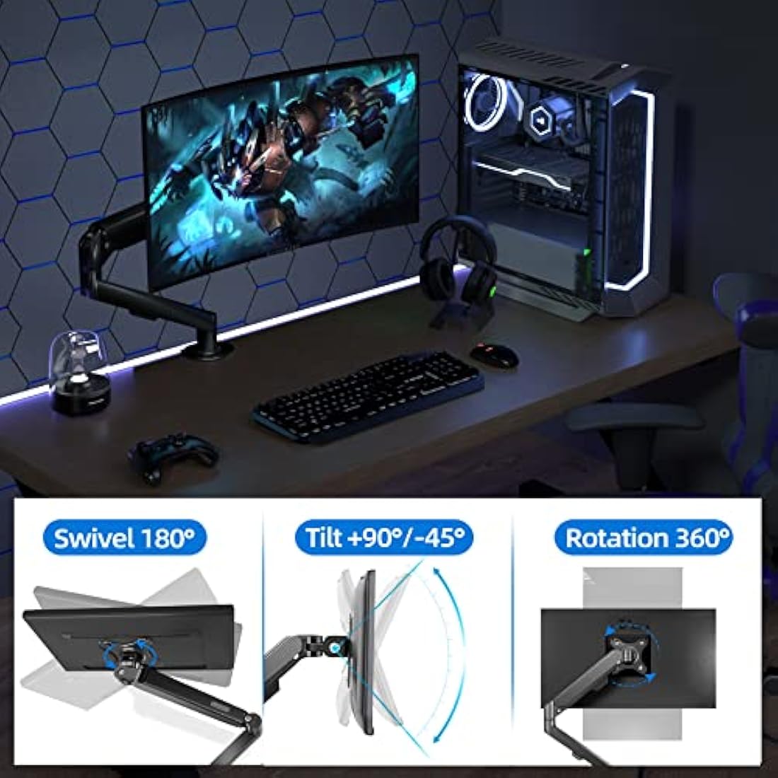 HILLPORT 27 32 Monitor Arm Desk Mount Single 17 to 34 inch Ergonomic Sturdy Gas Spring Arm 2 to 9 kg Precise Adjustable Stand with Clamp and Grommet LCD Computer Monitors VESA 75/100mm Black M5B