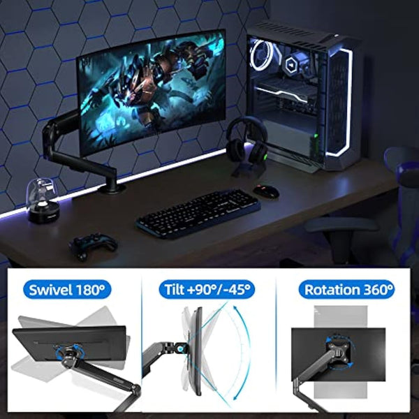 HILLPORT 27 32 Monitor Arm Desk Mount Single 17 to 34 inch Ergonomic Sturdy Gas Spring Arm 2 to 9 kg Precise Adjustable Stand with Clamp and Grommet LCD Computer Monitors VESA 75/100mm Black M5B